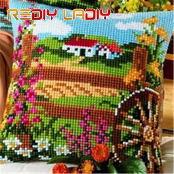 

Cross Stitch Cushion Springtime Make Your Own Pillow Crafts DIY Chunky Cross Stitch Kits Printed Canvas Acrylic Yarn Pillow Case