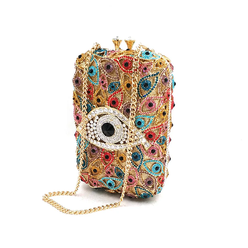 New women evening party big evil eye diamonds luxury clutches vintage pattern crystal phone bag Bridal wedding party purses