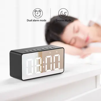

Bluetooth Speaker with FM Radio LED Mirror Alarm Clock Subwoofer Music Player Snooze Desktop Clock Wireless Speaker decor