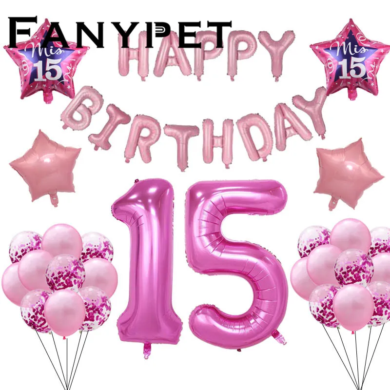 Mis Quince my Fifteen 15th лет День рождения шары-цифры 15 baloon испанская девушка розовый с надписью "happy birthday" - Цвет: Розовый