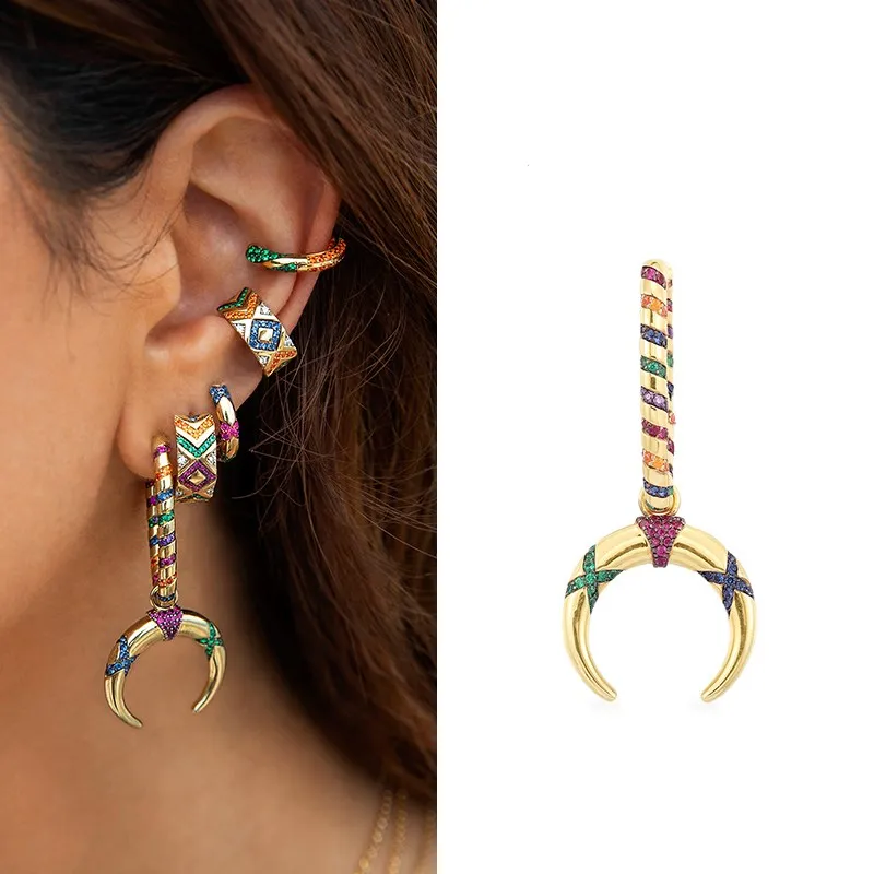 

Personality Real 925 Sterling Silver Single Colorful Stripes Tribal Crescent Drop Earring AAA Zircons Women Mana Brand Jewelry