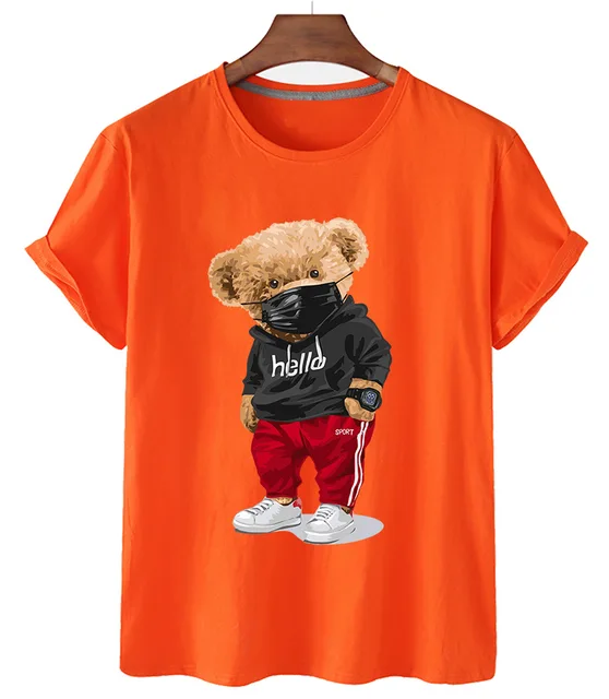 100% Cotton Sports Mask Bear Print Short-sleeved T-shirt Female Half-sleeved Summer Casual Oversized T-shirt Ladies Shirt S-4XL Orange