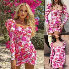 Женская Ретро Туника с длинным рукавом, цветочный принт, облегающие платья, винтажное платье, новинка