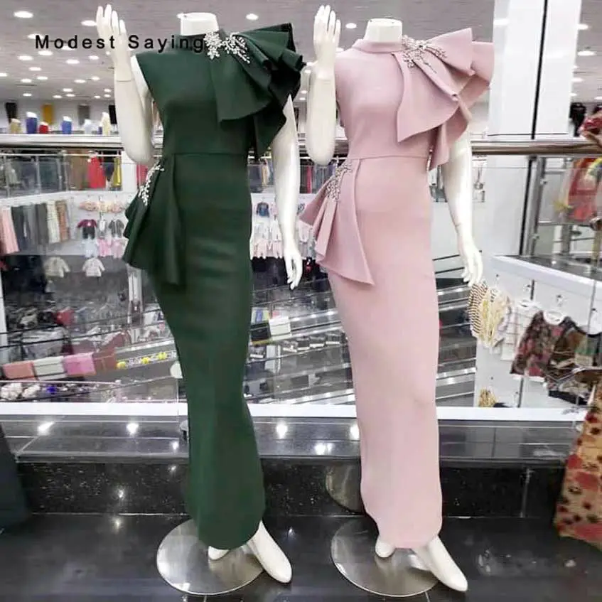 

Elegant High Neck Straight Rhinestone Evening Dresses 2020 with Ruffled Shoulder Drak Green Women Party Prom Gown robe de soiree