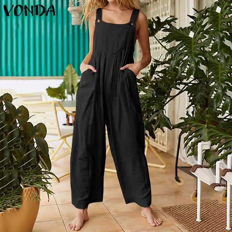 

VONDA Plus Size Cotton Overalls 2019 Summer Romper Women Jumpsuit Female Wide Leg Jumpsuit Casual Loose Square Neck Strap Pants