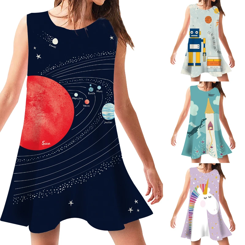 Dresses Women Beach Wear Summer Sexy O Neck Casual Loose Sleeveless Sundress Cartoon Character Print Dress Female Camisas Mujer |