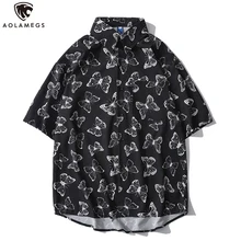 Aolamegs Shirts Men Japanese Retro Butterfly Graphic Printed Short Sleeve Shirt Tops Summer Casual All-match Advanced Streetwear