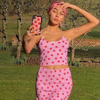 

WannaThis Strawberry Print 2 Pieces Sets Crop Tops and Ankle-Length Skirt Pink Summer Cropped Streetwear Slim Elastic Women Sets