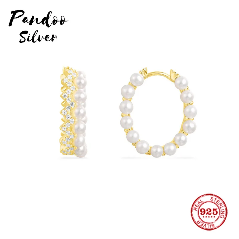 Pandoo модная подвеска Стерлинговое Серебро 1:1 копия, один вверх и вниз обруч Роскошные серьги с жемчугом Ювелирные изделия подарок для женщин