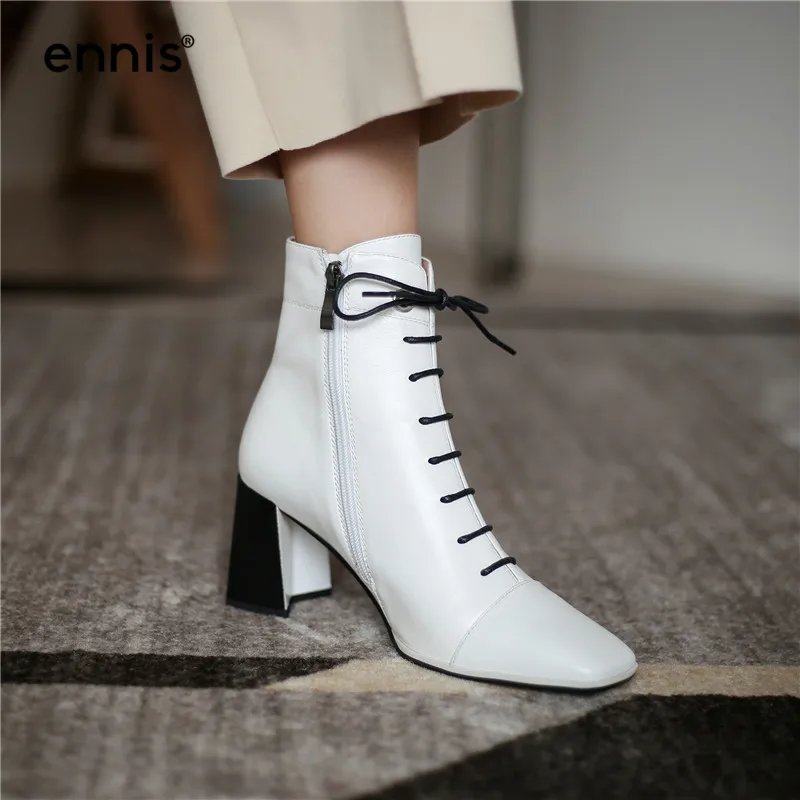 

ENNIS Women Short Boots Chunky High Heel Square Toe Ankle Boots Genuine Leather Lace Up Boots White Black Winter Shoes Zip A0062