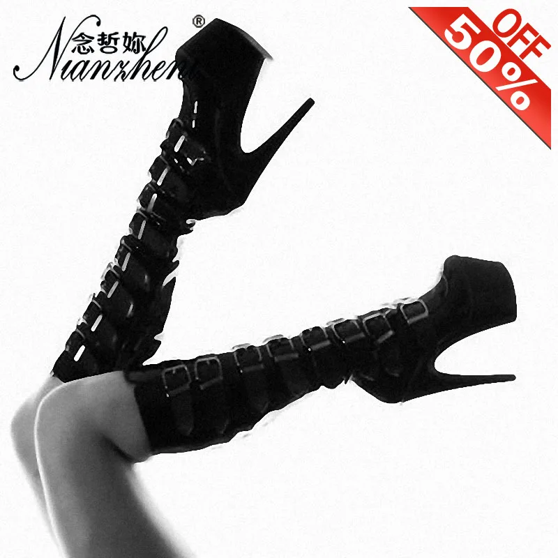 

Sexy Belt Buckle Patent Leather Women Boots 15CM High Stripper Heeled Pole Dance Shoes 6 Inches Thick Platform Fashion Nightclub