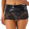 Women Sexy Sheer Lace Patent Leather Mini Skirt Low Rise Elastic Waist Skirt Rave Party Pole Dance Clothing Clubwear Nightwear 2