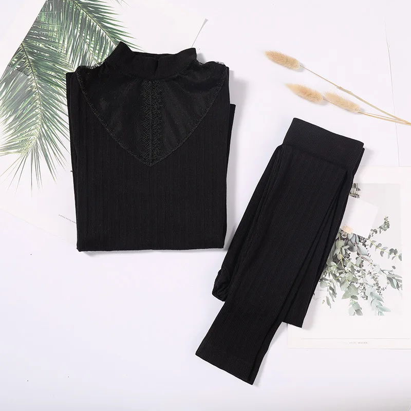 Бесшовная кружевная Утепленная Одежда Нижнее белье Комплект Slim Fit Для женщин Термальность комплект нижнего белья - Цвет: black