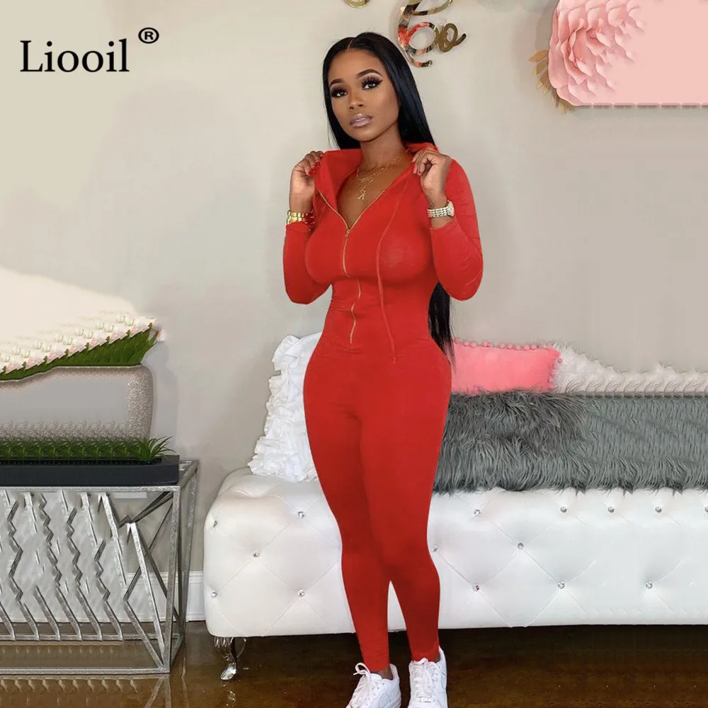 Liooil, цельный, сексуальный, черный, красный, Облегающий комбинезон для женщин, осенний, с длинным рукавом, с капюшоном, на молнии, вечерние, Клубные комбинезоны, женский комбинезон, комбинезоны