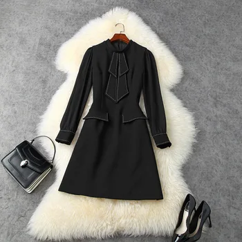 

New 2020 autumn women girls little black dress patchwork long sleeve stand collar a-line elegant dresses