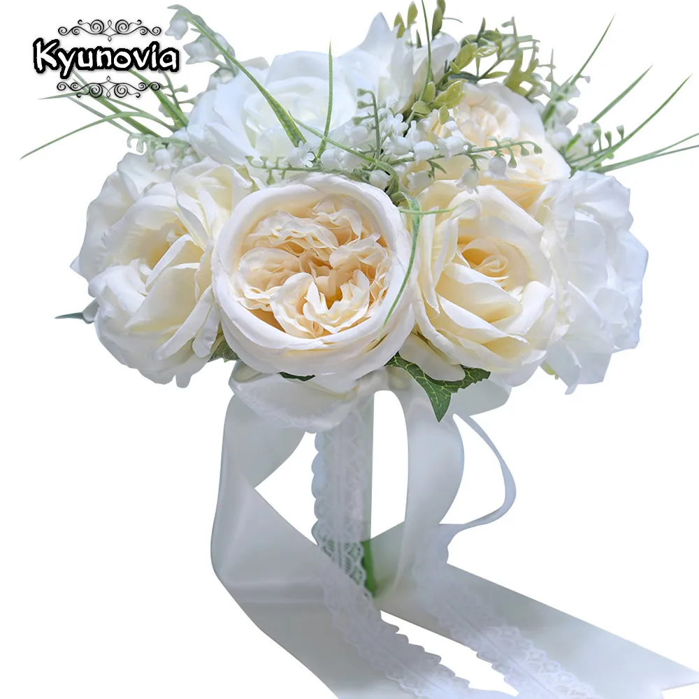 Kyunovia Silk Rose Flowers Ivory Wedding Bouquets Bridesmaid Bouquet