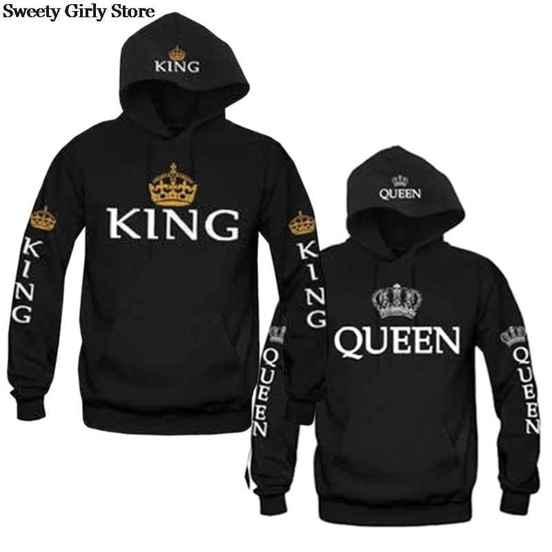 Estampado de QUEEN y KING para hombre y mujer, Sudadera con capucha de manga larga para parejas, jerséis informales sexys de moda, sudaderas con capucha, ropa de calle