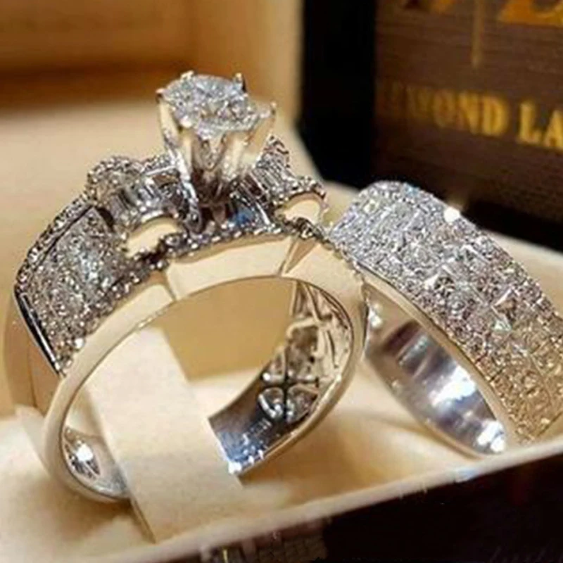 

Vagzeb Brand Female CZ Stone Round Ring Set Zircon Ring Fashion Silver Color Jewelry Promise Engagement Rings For Women