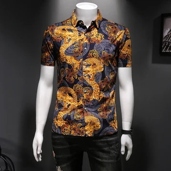 

Luxury Gold Print Men Shirt Short Sleeve Mercerized Cotton Streetwear Casual Social Shirts High Quality Tuxedo Male Clothing