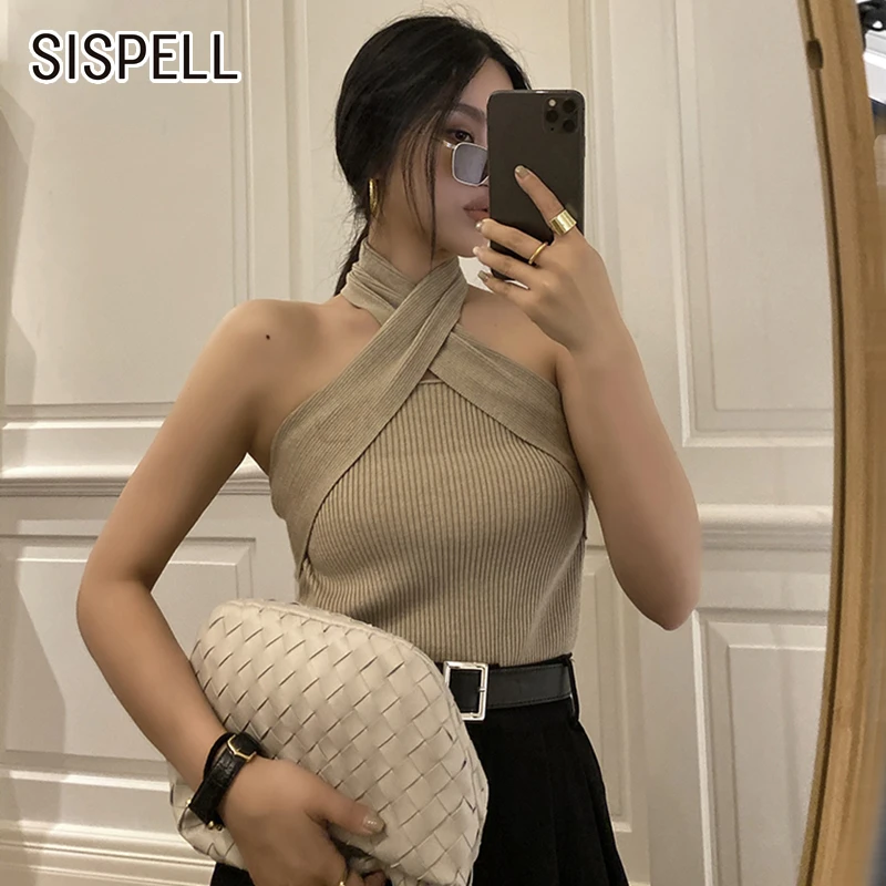 

SISPELL Hanging Neck Cross Women's Sweater Sleeveless Hollow Out Backless High Waist Slimming For Female Sexy Sweater 2020 New