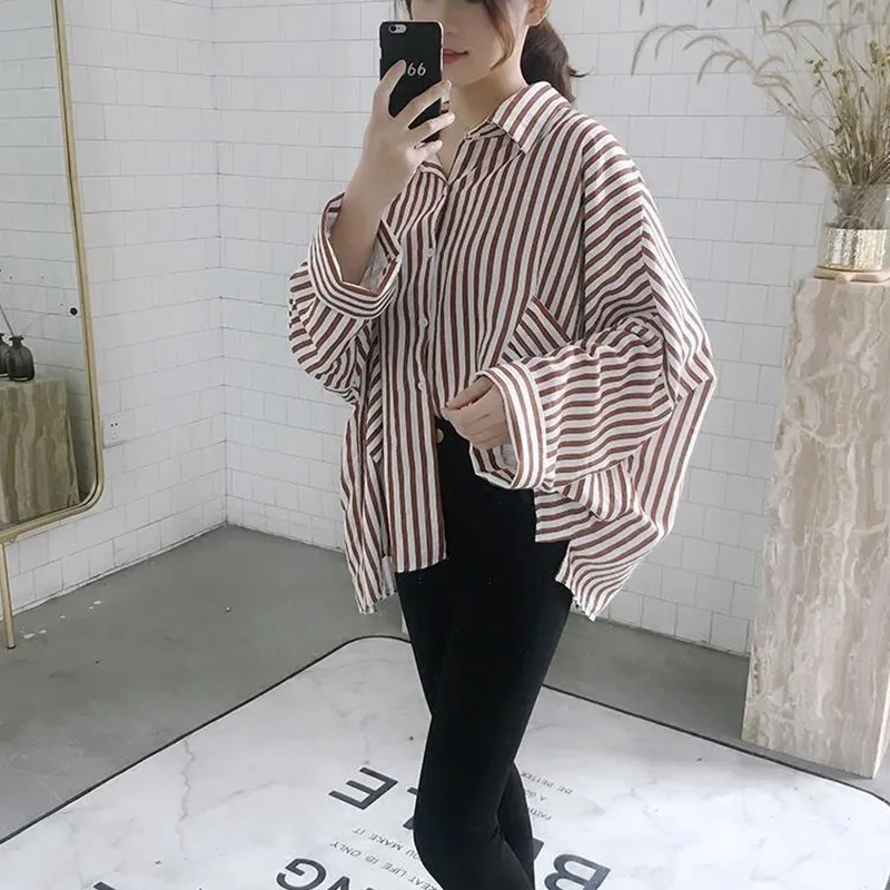 khaki Модные осенние новые повседневные Модные темпераментные женские свободные плюс милые полосатые с длинным рукавом Необычные Рубашки TC591 - Цвет: khaki