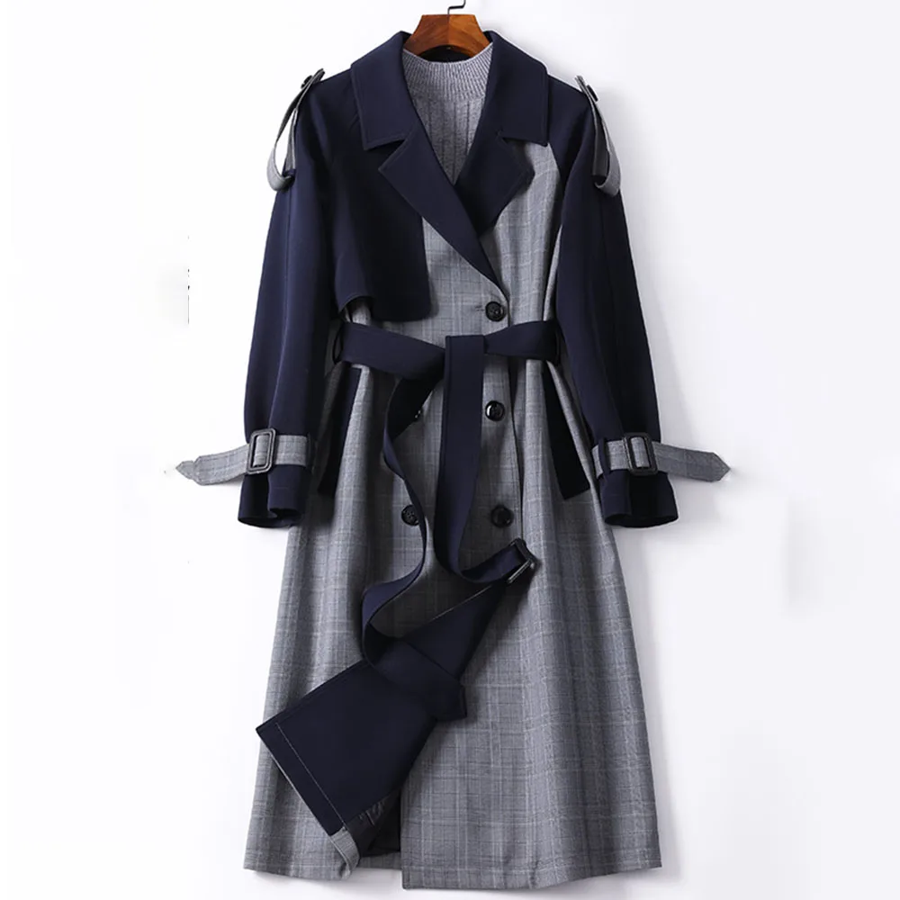 

Autumn Plaid Long Trench Coat Women Spring Elegant High Quality Office Coats Vintage Double-breasted Patchwork Belt Outerwear