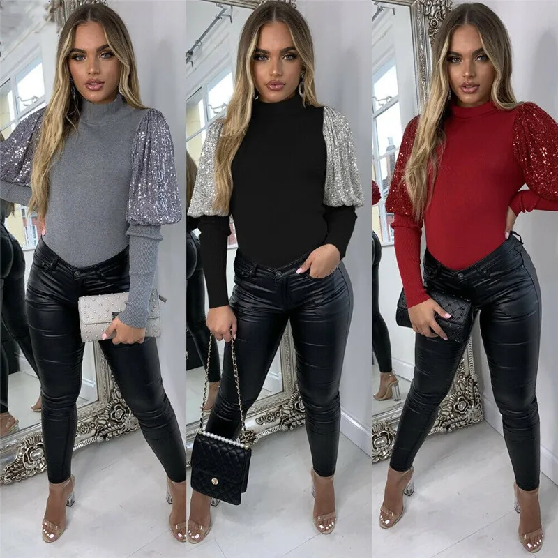 Женская блузка с длинными рукавами рубашка пышными и высоким воротником