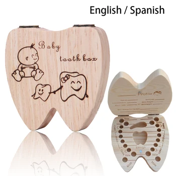 

English/Spanish Wooden Baby Tooth Box Organizer Milk Teeth Storage Umbilical Lanugo Save Collect Baby Souvenirs Gifts