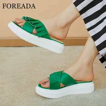 

FOREADA Natural Genuine Leather Platform Flat Slides Women Ruffles Slippers Casual Pleated Sandals Sheepskin Lady Shoes Green 39
