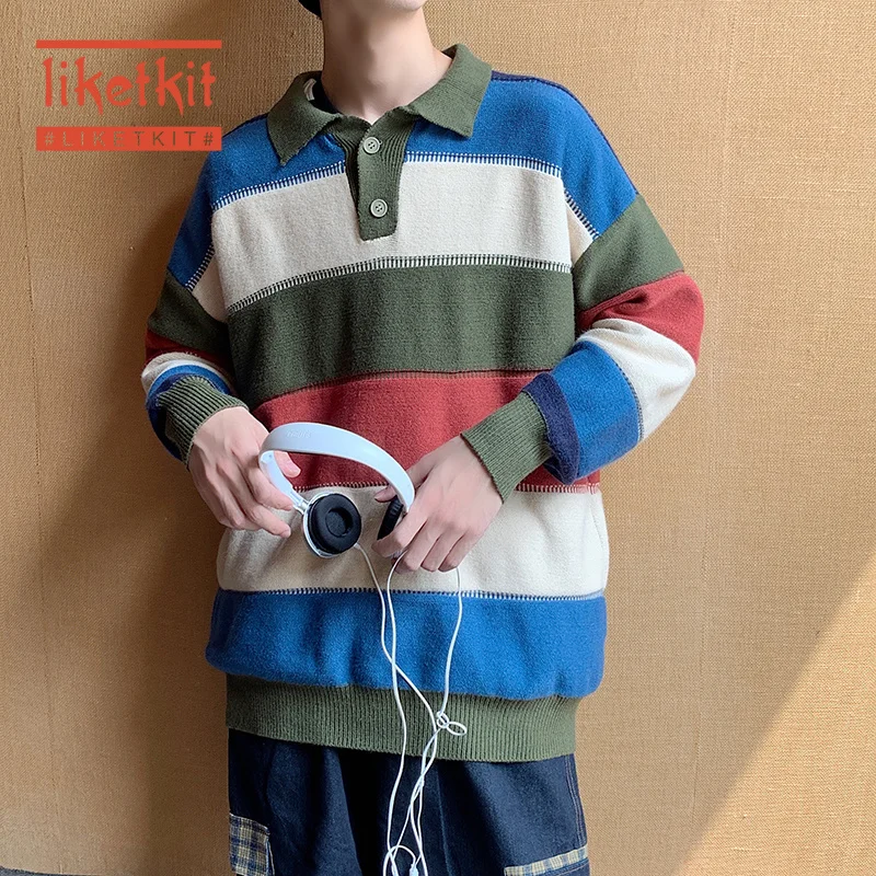 

Liketkit Men Vintage Stipred Sweater for 2020 Spring Colorful Sweater Korean Couples Fashion Pullover Women Harajuku Clothes INS
