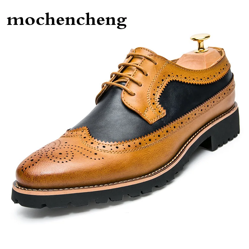 

2018 Designer Men Dress Shoes Formal Point Toe Genuine Leather Lace Up Brogue Shoes Mens Wedding Party Casual Fashion Patchwork