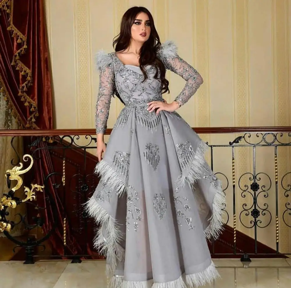 

Elegant Gray Lace Sequined Evening Gowns Feather Asymmetrical Beaded Long Formal Party Dress See Thru Full Sleeves