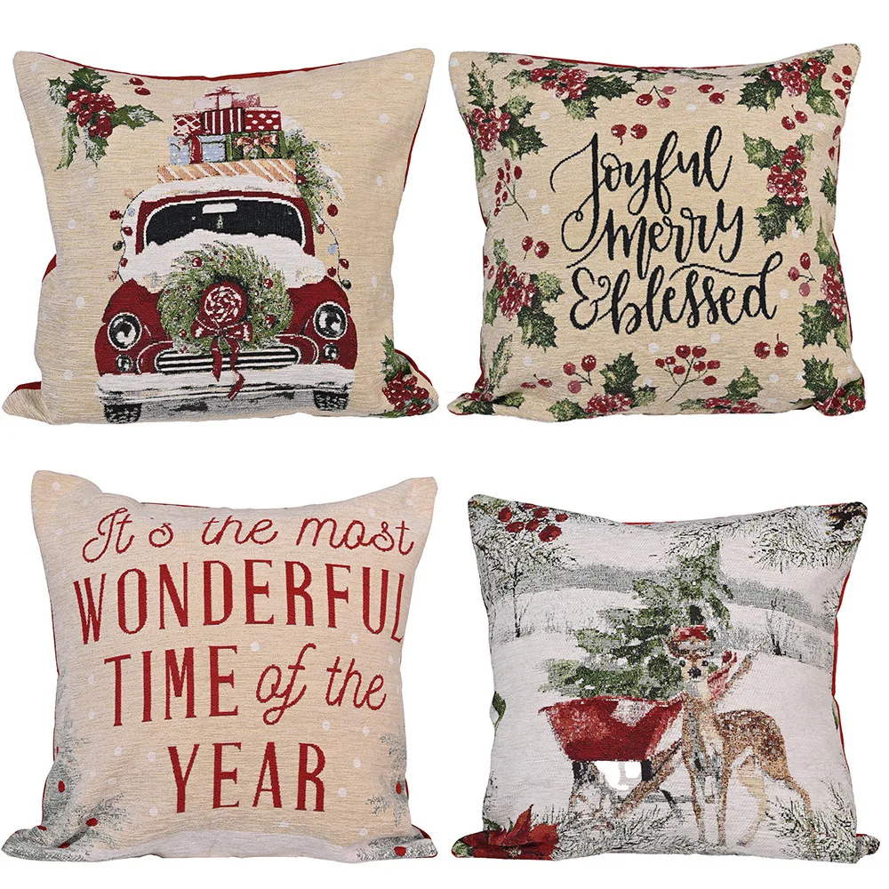 

GODWJ Christmas Cushion Covers Flower Deer Car Linen Sofa Pillow Covers for Home Sofa Decoration Wreath Pillowcase 46*46CM
