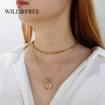 

Wild&Free Layered Circle Pendant Necklace For Women Stainless Steel Gold Square Circle Chain Choker Necklaces Fashion Jewelry