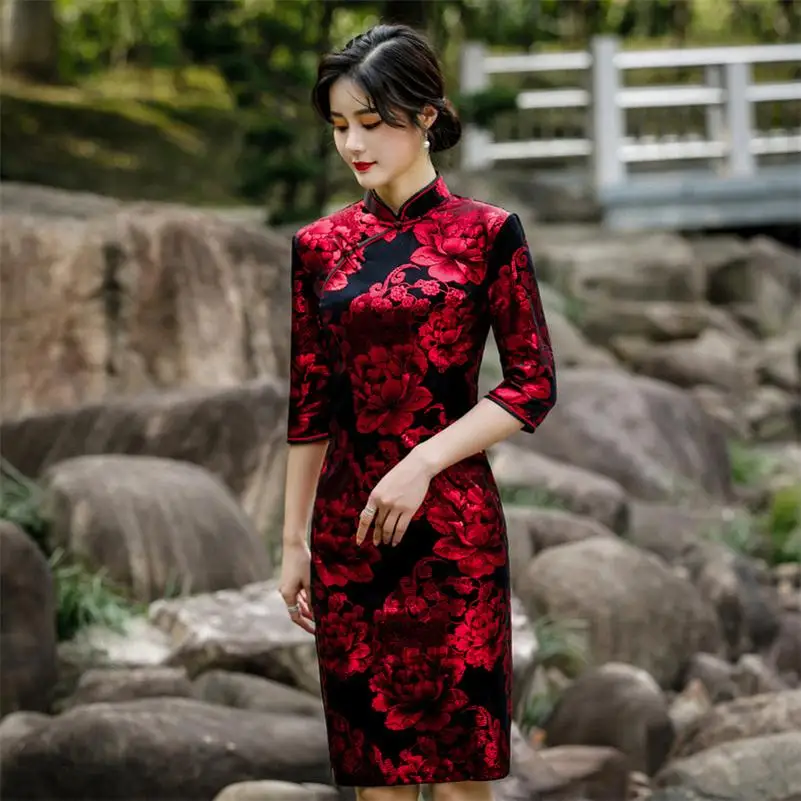 2450 До колена Cheongsam элегантный Qipao Vestidos Размер L-5XL велюровое традиционное китайское Ципао платье - Цвет: 2450