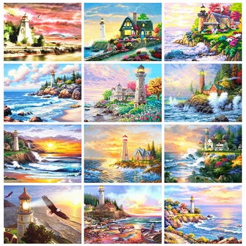 

Huacan 5D DIY Diamond Painting Lighthouse Full Square Diamond Embroidery Mosaic Art Kit Landscape Decorations Home