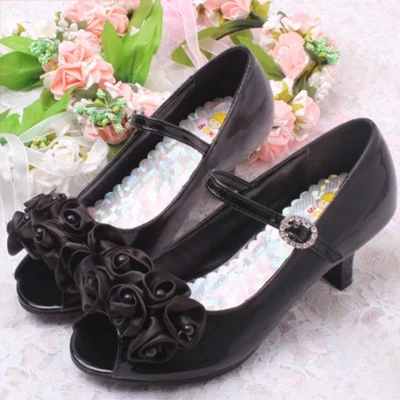 3D цветок из искусственной кожи, для детей обувь для принцессы сандалии для девочек Свадебная вечеринка босоножки на высоком каблуке с открытым носком; обувь для свадебы и танцев - Цвет: Черный