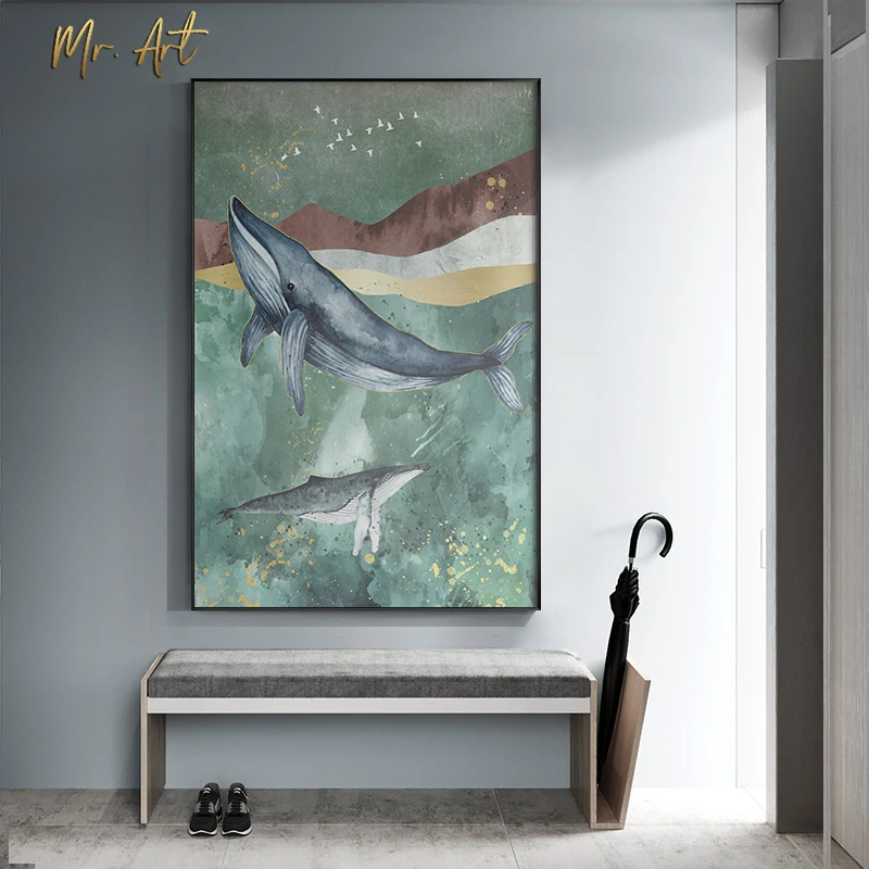 

Canvas Painting Abstract Landscape and Cartoon Whale Poster Picture for Living Room Kids Room Modern wall art HD Home Decoration