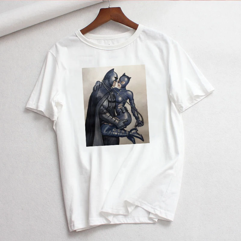Catwoman LOVE print fun, Новые Топы с короткими рукавами, футболки с рисунком, свободная женская повседневная одежда, Женская футболка большого размера Harajuku