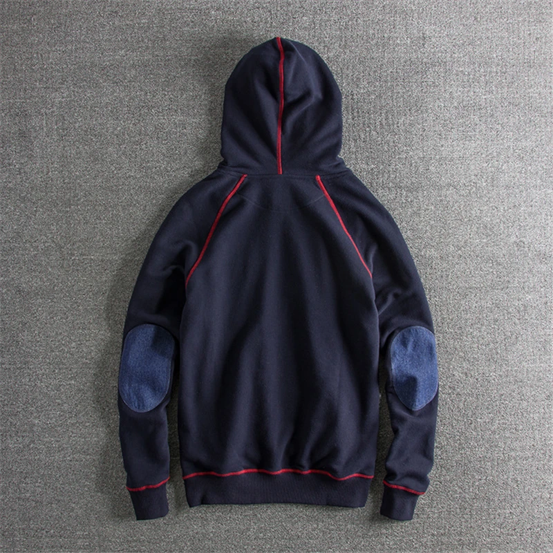 Japanese Harajuku Elbow Patch Hoodie for Men Urban Boys Streetwear Denim Patchwork Pocket Hooded Sweatshirt Plus Size