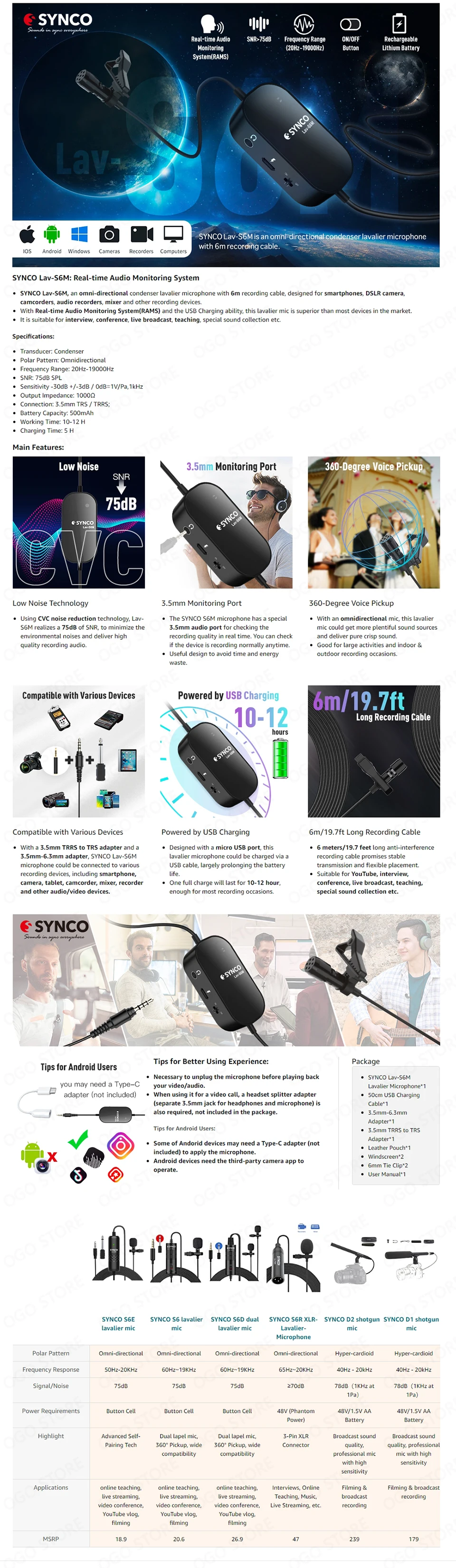 headphones with mic SYNCO Lav-S6M Lavalier Microphone usb charge Condenser Mic  Noise Reduction for YouTube, Interview, Conference, Live Broadcast mic stand