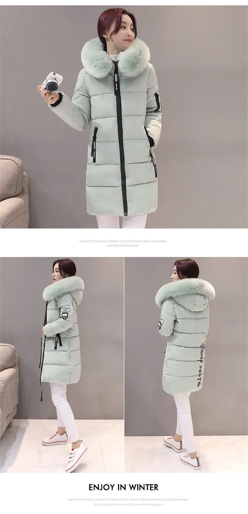 Корейское модное зимнее пальто, женское хлопковое пуховое пальто средней длины, большой размер, приталенная парка, женское меховое пальто с капюшоном AN1405