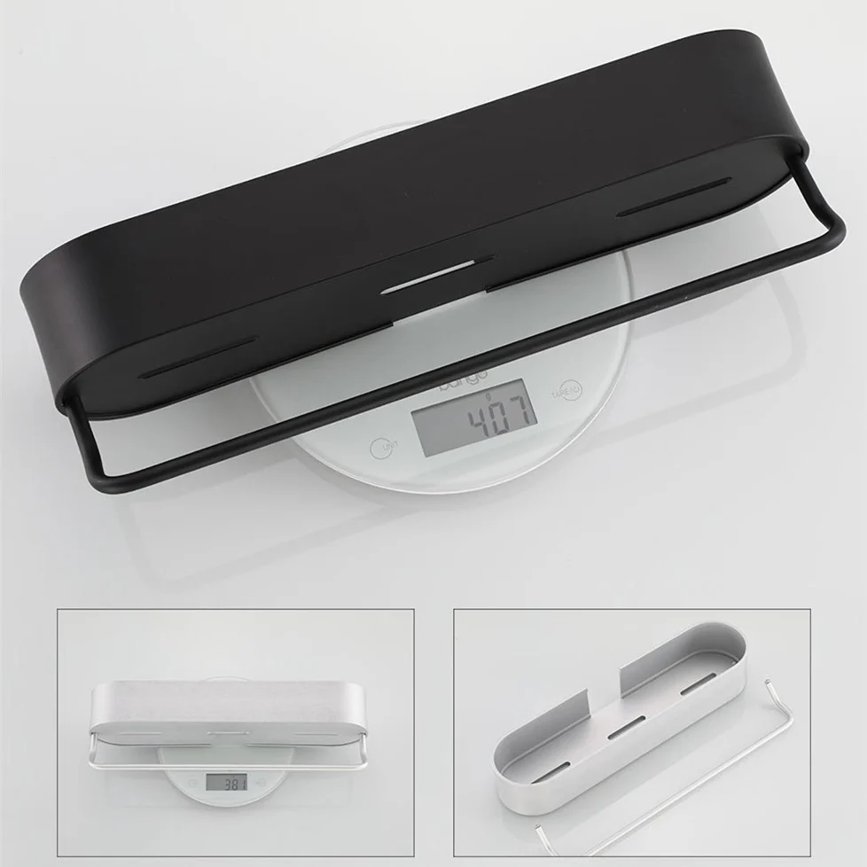 Skup Czarna półka łazienkowa 30 50cm długość ściana kuchenna półki prysznic kosz do przechowywania Rack wieszak na ręczniki wieszaki akcesoria łazienkowe