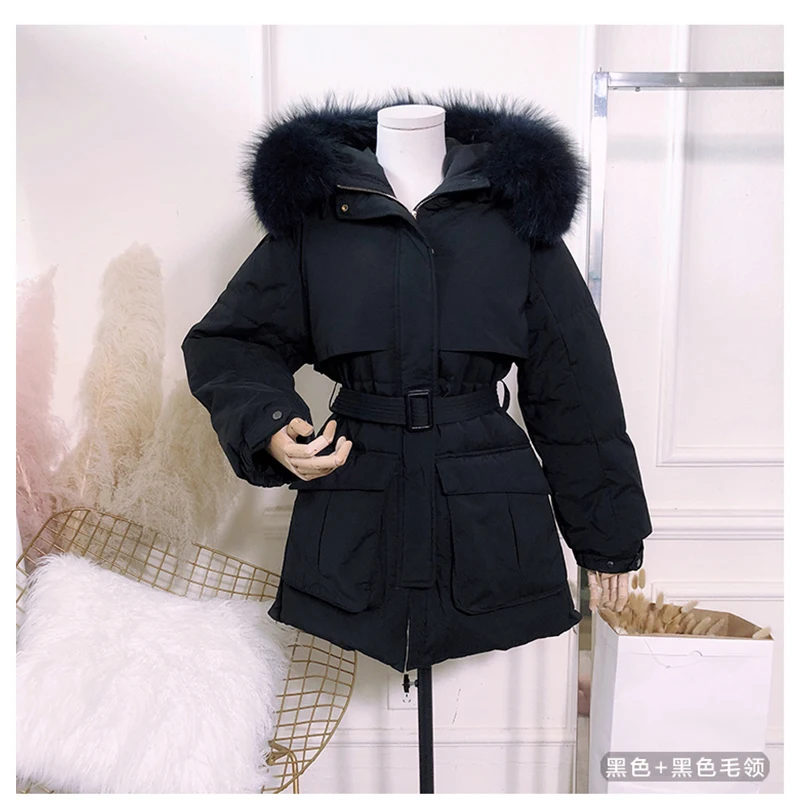 Зимняя женская белая куртка на утином пуху, Свободное длинное пуховое пальто, большая верхняя одежда с капюшоном и воротником из натурального Лисьего меха, теплая Толстая парка