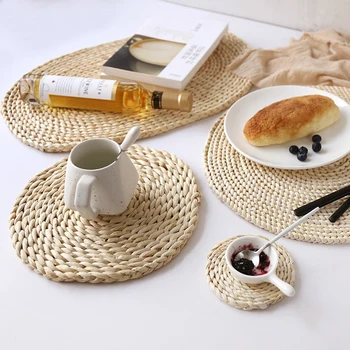 

Round Rattan Placemats Natural Corn Straw Woven Dining Table Mats Heat Insulation Pot Holder Cup Coasters Kitchen Table