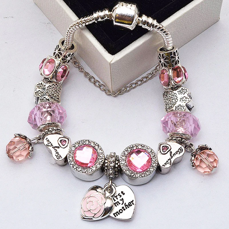 Crystal Sweet Mother Beads Charm Bracelets With Silver Color Snake Chain Bangle For Women Christmas Jeweley Pulseira | Украшения и
