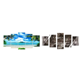 

2 Set Canvas Wall Art for Living Room Canvas Prints Paintings Sunny Beach Island & Abstract Leaf Brown Silver