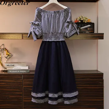 

2020 Summer New Mesh splicing fake two pieces Dresses Women Off shoulder Bow Plaid Super elastic Waist Mesh Hem Long Dress