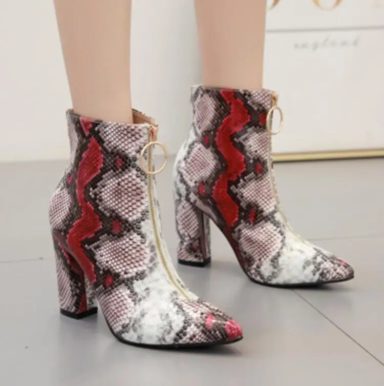 

2020 Women's Shoes Sexy Colour Snake Front Zipper Coarse High With Sharp Short Boots Woman