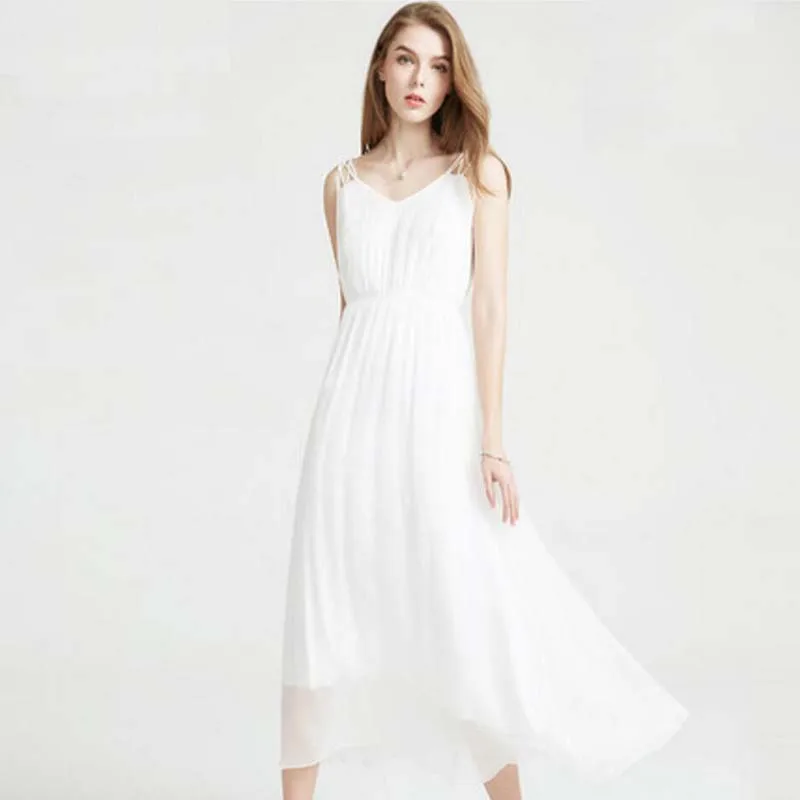 

New 2019 Real 100% Silk Dress Women Natural Silk High Quality Elegent Spaghetti Strap Holiday Beach Long dress Red Free Shipping